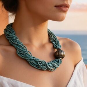 Multi strand vintage glass sea beaded necklace beachy boho statement chunky Y2K